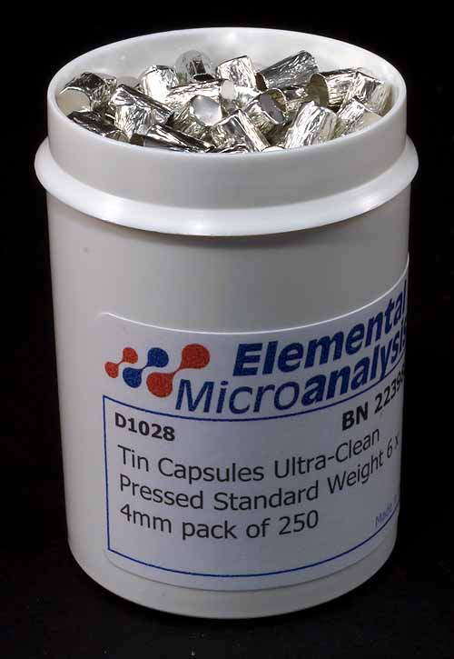 Tin Capsules Ultra-Clean Pressed Standard Weight 6 x 4mm pack of 250